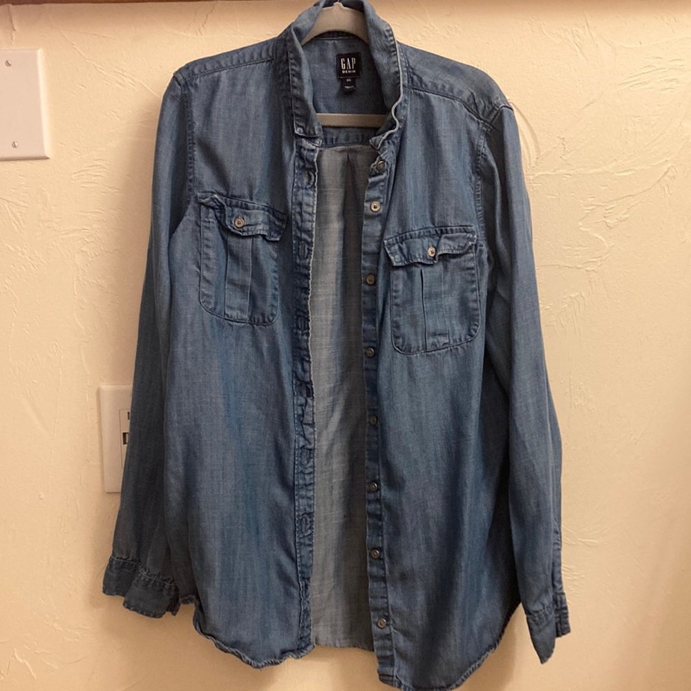 Long sleeved button down lyocell denim shirt